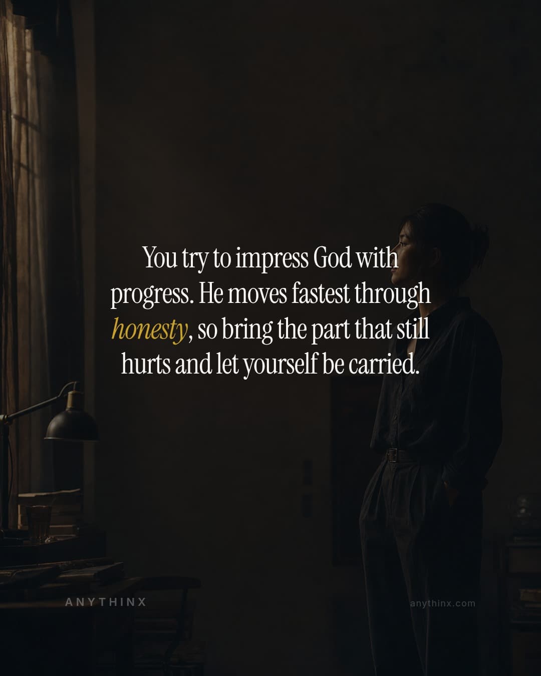 You try to impress God with progress. He moves fastest through honesty, so bring the part that still hurts and let yourself be carried.