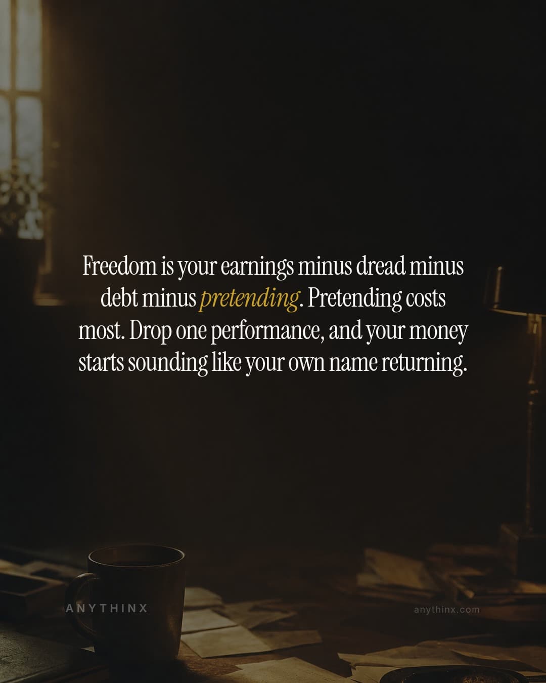 Freedom is your earnings minus dread minus debt minus pretending. Pretending costs most. Drop one performance, and your money starts sounding like your own name returning.