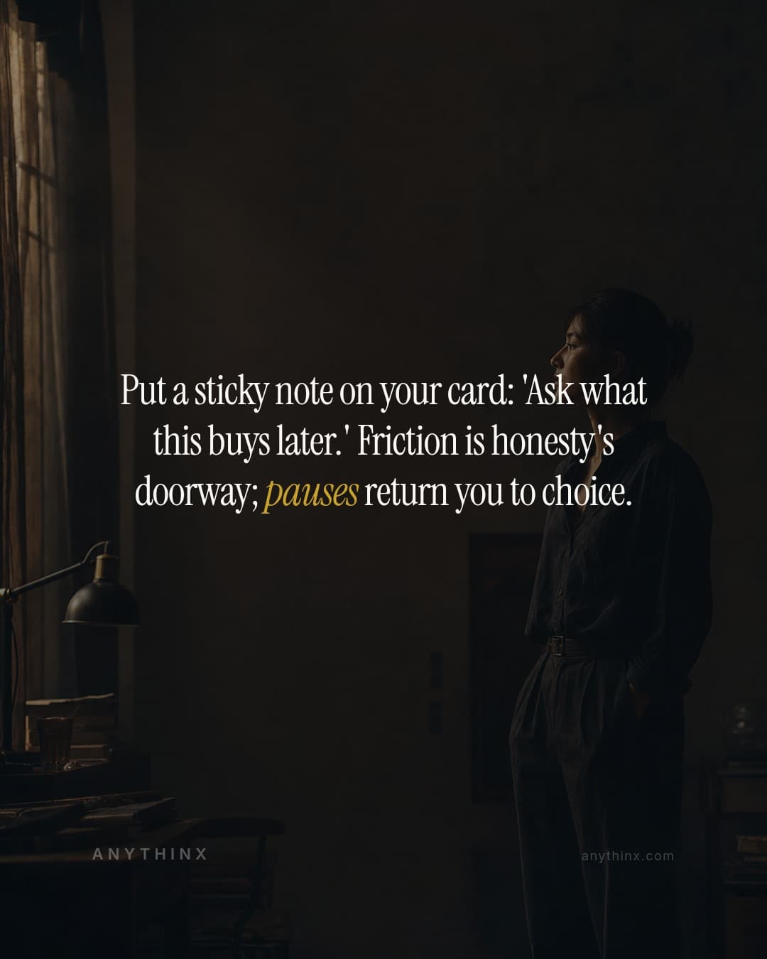 Put a sticky note on your card: 'Ask what this buys later.' Friction is honesty's doorway; pauses return you to choice.