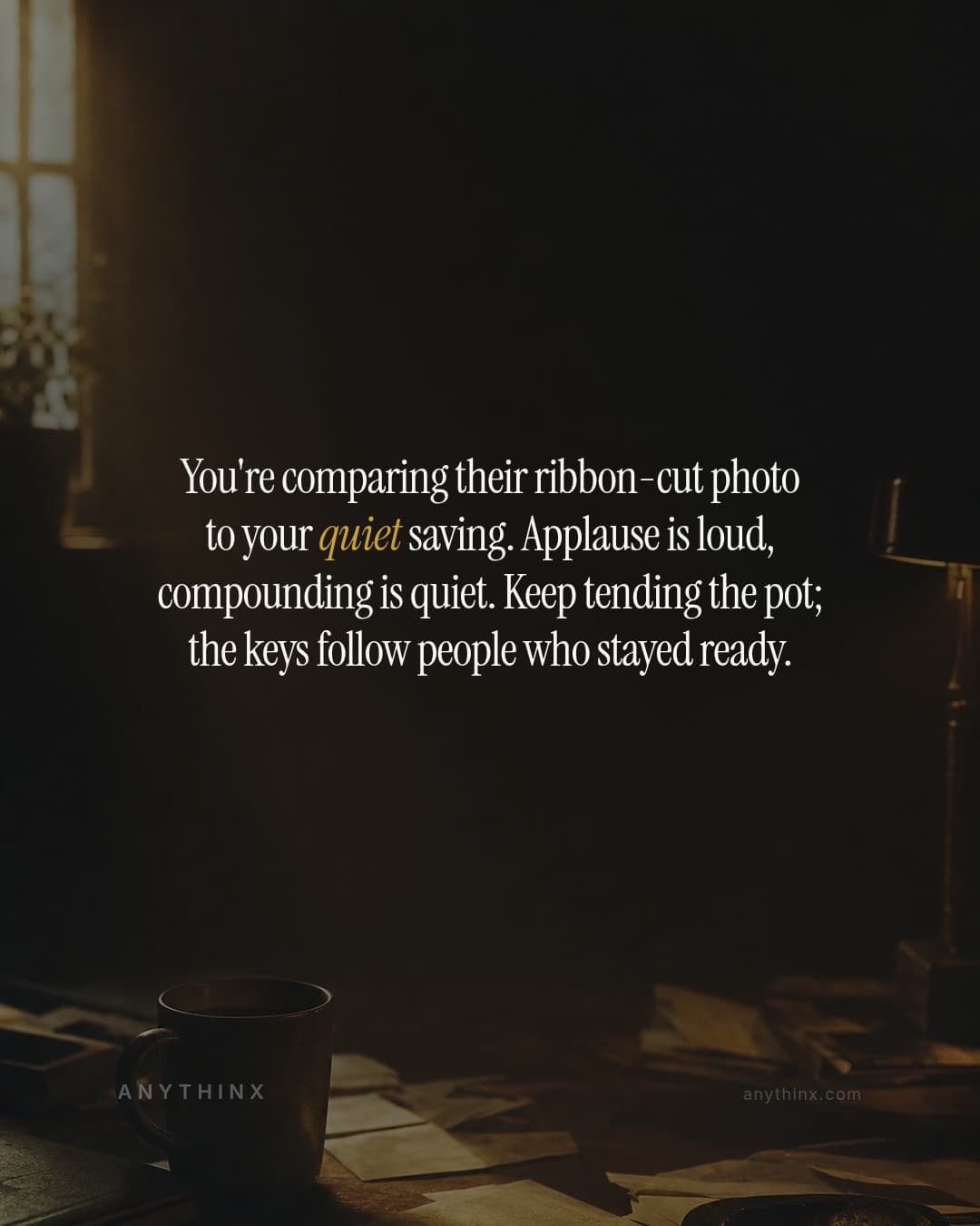 You're comparing their ribbon-cut photo to your quiet saving. Applause is loud, compounding is quiet. Keep tending the pot; the keys follow people who stayed ready.